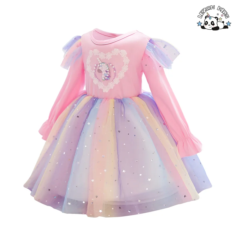 LEZONKIDS - Novos Produtos Vestidos de Meninas com Mangas Longas e Estrelas Pastel para Festa de 2 a 14 Anos